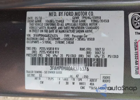 2010 Ford Fusion Se z USA, uszkodzony, nr VIN 3FAHP0HA0AR376376